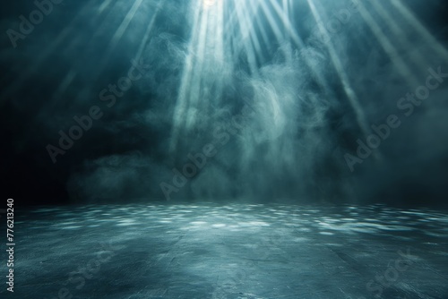 Haunting empty stage with mystical beams of light casting an otherworldly atmosphere
