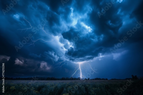 A hauntingly beautiful lightning bolt strikes a field under a tumultuous cloud-filled sky, showcasing nature's fury