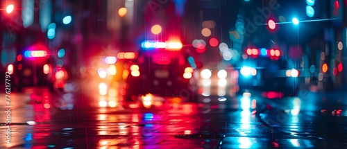 Nighttime city street with police car siren lights flashing creating a bokeh effect No identifiable people or scenes. Concept Cityscape, Night Photography, Police Car, Bokeh Effect, Urban Landscape
