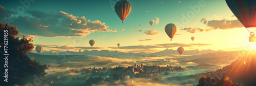 Top view of green landscape and mountain valleys and colorful hot air balloons flying in the sky, banner
