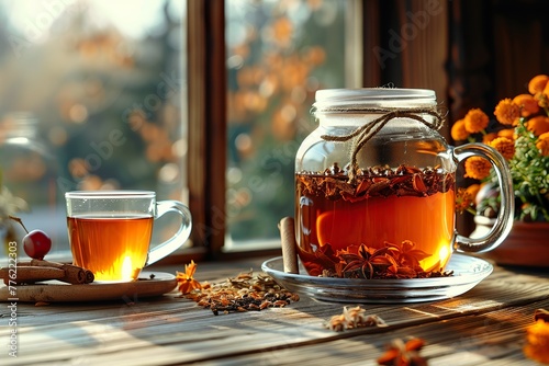 Hot tea in a glass cup and a jar with dried tea grass on an old wooden table