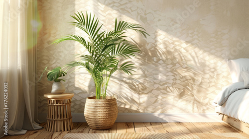 A tranquil bedroom setting with a wooden floor, showcasing a lush Areca palm in a rattan planter against a subtly patterned wall mockup. A sleek wooden table adds a touch of sophistication. 8K
