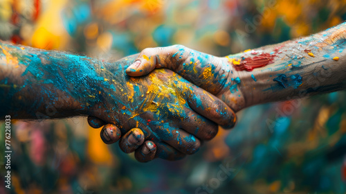 Colorful Handshake with Paint-Splattered Hands