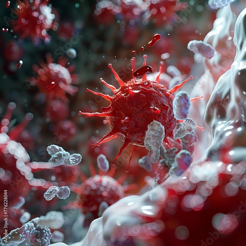 High-tech visualization of immune response, red and white cells at the forefront, defending the human system
