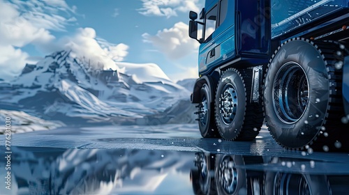 Close-up of an empty semi-trailer track on wet asphalt, side view, with snow-capped mountains in the background. The focus is on the reflection and surface of the car body and tires.