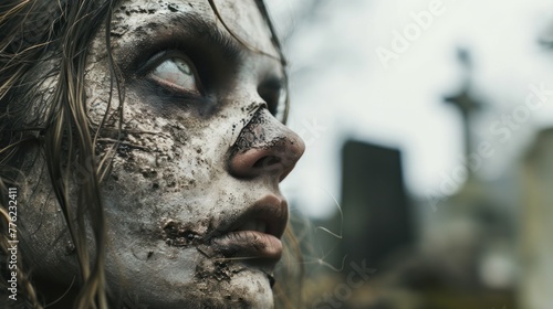 A zombie girl with a white face and black dirty spots all over her body looks into the distance. There is a cemetery in the background.