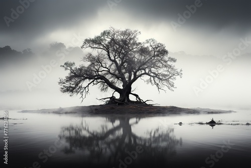 minimalistic design Old oak tree standing on the foggy field.