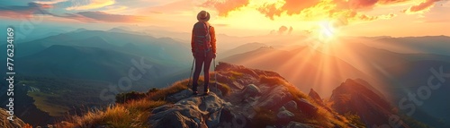 Solitary Backpacker Embarks on a Transformative Spiritual Journey Through Majestic Mountain Vistas at Sunset or Sunrise
