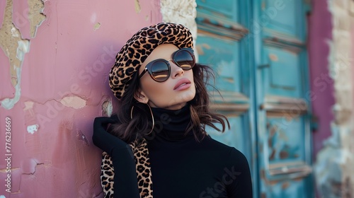 A fashionable woman exudes grace in a black turtleneck, leopard print beret, and impeccable style.