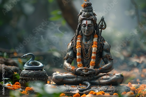 Shivaratri background with Shivas trident and Pellet Drum Damroo musical instrument