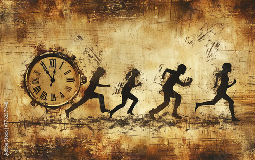 Illustration in grungy style witch clock and people running away from time