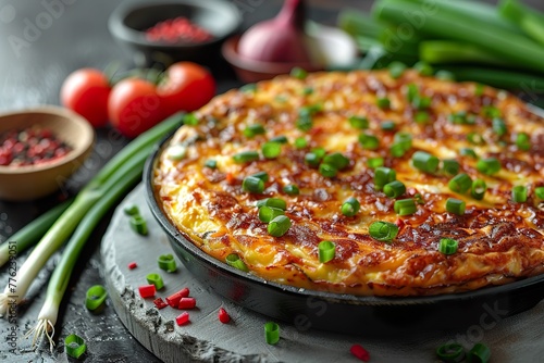 Omelette or frittatas with green onions or young greenery and mozzarella on white marble table background.