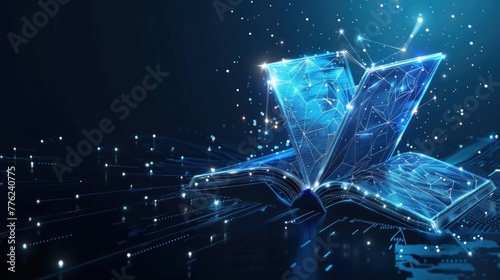 Futuristic digital technology open book with polygonal glowing lines dark background. AI generated