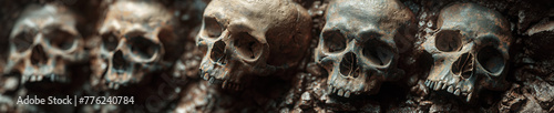 skulls in ground at archaeological underground excavations in burial grave