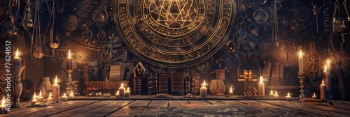 An occult 3D backdrop, featuring a labyrinth of esoteric symbols, ancient manuscripts, and alchemical tools, all bathed in a mysterious, dimly lit ambiance
