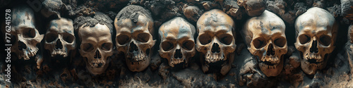 pile of human skulls in an ancient underground burial