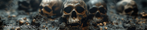 human skulls of skeletons in ground in underground cave in burial