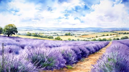 A summer lavender field. Scenic watercolor illustration. Cloudy blue summer sky. Provence france. Kent UK. 