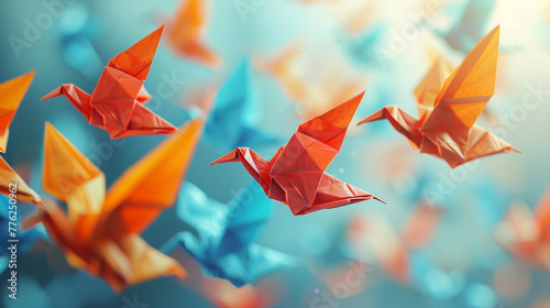 Vibrant origami birds soaring against a transparent backdrop, symbolizing freedom and creativity. 