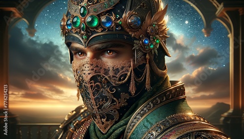 Magic Fantasy Warrior in Gold lace Helmet Portrait. Mystery Space Knight Avatar Illustration. 