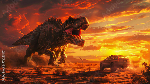 A massive dinosaur chases a speeding car through a desert with a fiery sunset sky above