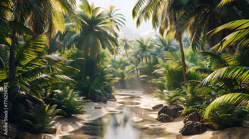 Oasis surrounded by palm trees and lush vegetation