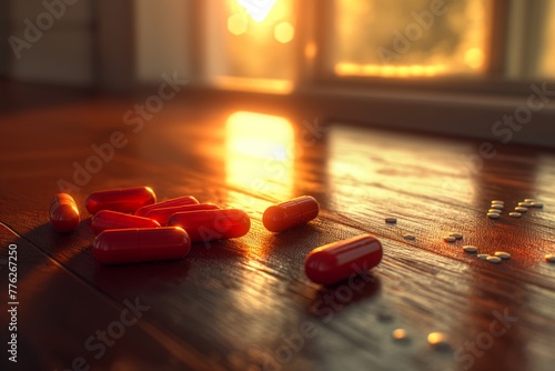 dietary supplements and tablets are scattered on the table handful of medicines capsules Vitamins dietary supplement and tablets on a surface on light background close up the top view lights of a sun