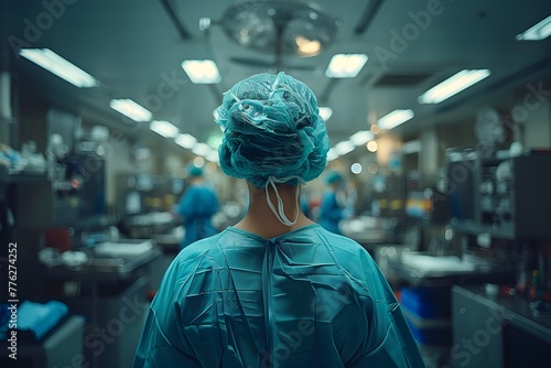 Doctora vistiendo gorro y ropa quirurgica azul entrando en un area critica como quirofano o terapia intensiva. Vista de espaldas al fondo personal de salud y mobiliario del hospital.
