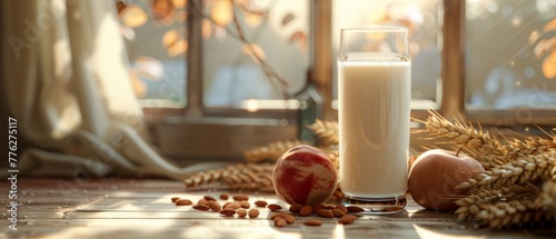 Smooth milk background, subtle almond and cocoa, wheat touches, minimalist, deeply detailed realism