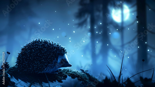 A chubby hedgehog snuggled up in a bed of moss beneath a moonlit sky, its silhouette outlined against the soft glow of the night, with a misty forest scene fading into the distance