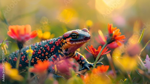 A close-up of a colorful newt navigating through a bed of vibrant wildflowers, its intricate patterns standing out against the blurred backdrop of a sunlit meadow