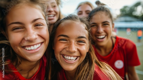 Group of young female soccer players celebrating victory