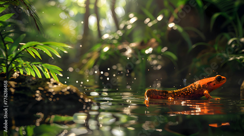 A curious newt exploring the edges of a crystal-clear pond, its glossy skin reflecting the surrounding lush foliage, while gentle ripples disturb the water's surface