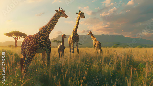 A family of giraffes grazing peacefully in the tranquil African grasslands, their towering forms creating a harmonious scene against the serene landscape