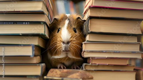 A guinea pig peeking out from behind a stack of books on a bookshelf, with blurred book spines creating a cozy backdrop for the scene