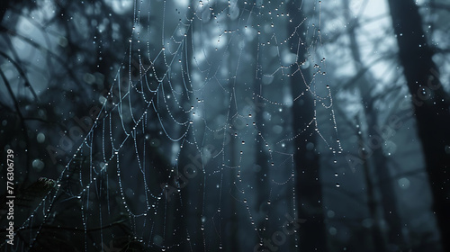 Raindrops clinging to spiderwebs in a misty forest