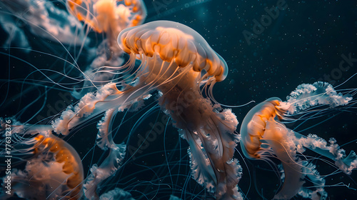 A mesmerizing cluster of jellyfish, their delicate tendrils dancing in the gentle currents, creating a hypnotic spectacle beneath the waves