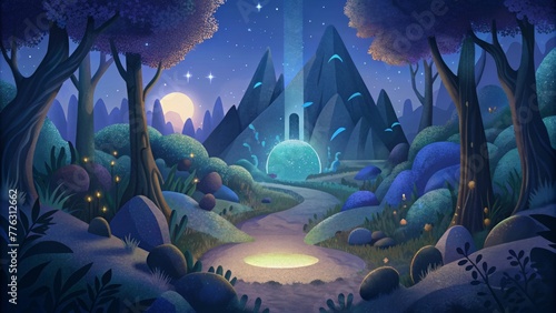 A mystical haven where the only guiding light is the moon and the stars illuminating the enchanting forest.