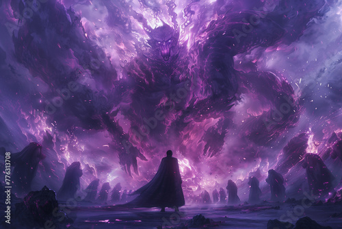 Selective focus of Anime scene of a man in a black cloak with horns and glowing purple eyes standing on the ruins. Surrounded by large demon-like creatures.