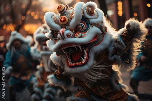 Chinese Martial dragon dances in city religious culture chinese new year day concept Generative AI