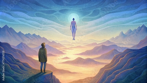 A person standing on a cliff overlooking a vast landscape with a duplicate version of themselves floating above representing the dual existence