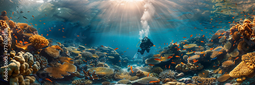 Selective focus of underwater photography, divers exploring colorful coral reefs and marine life.
