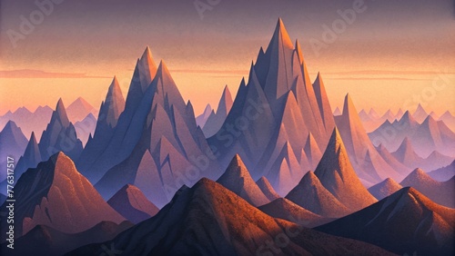 A photograph of a rocky mountain range the sharp jagged peaks standing out against a soft grainy gradient sunset sky.