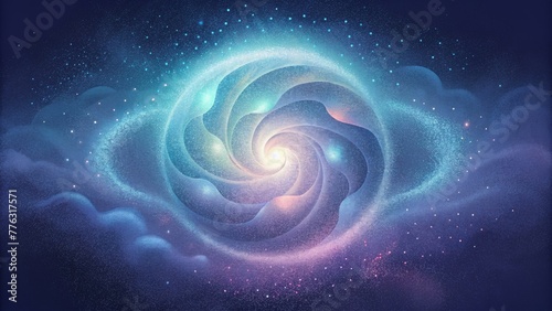 A cosmic dance of holographic particles swirled within a hazy iridescent mist.