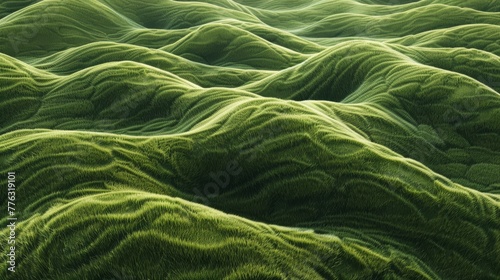 A detailed shot of a lush green natural blanket with a pattern resembling waves of a natural landscape. The design is reminiscent of algae or a grassy groundcover in a terrestrial plant habitat