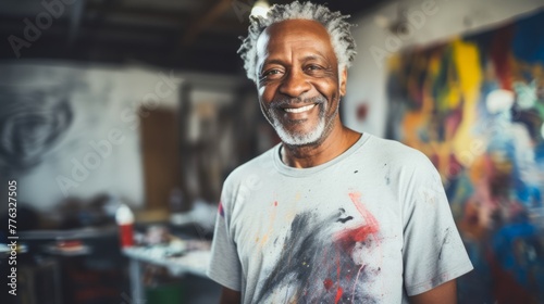 Senior smiling African American man artist next to his artwork in art studio. Concept of artistic talent, senior creativity, art therapy, interesting hobby, exciting leisure time, oil painting