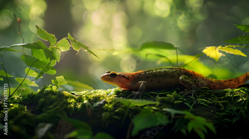 A solitary newt resting on a mossy log in the midst of a serene woodland, surrounded by a soft blur of emerald leaves and dappled sunlight filtering through the canopy above