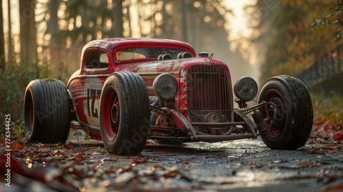 "Autumn's Vintage Roadster: A Rustic Red Classic Amidst Golden Forest"