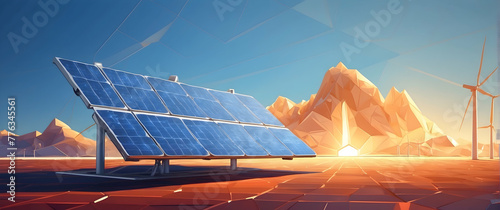 A renewable energy scene with solar panels and wind turbines against a polygonal sunrise, symbolizing innovation
