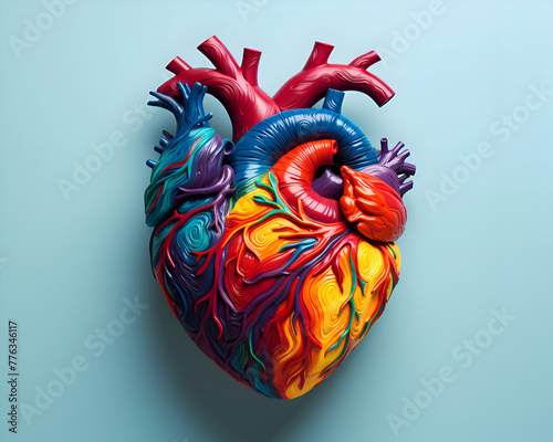 Human heart made of colorful plasticine on blue background. 3d illustration